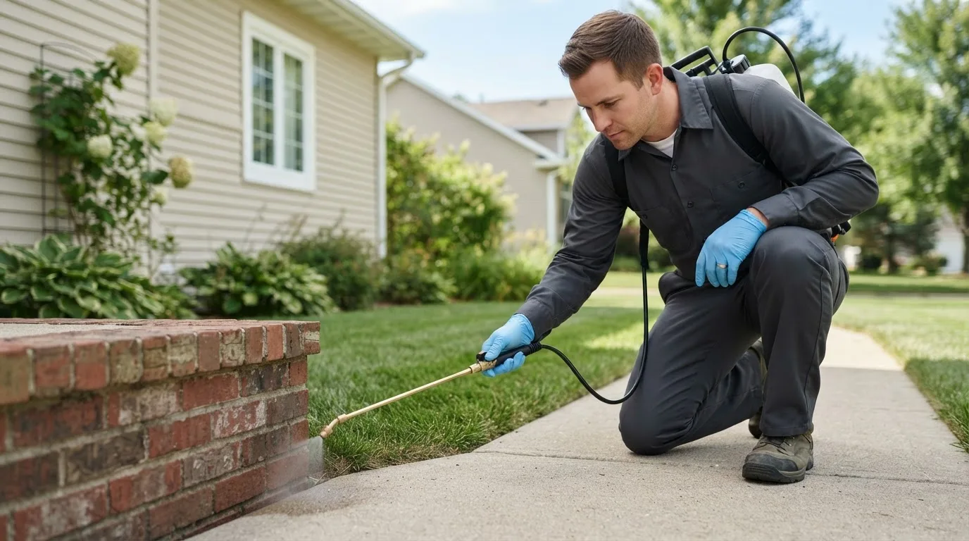 Pest control technician treating a home near Sandy Lake, PA