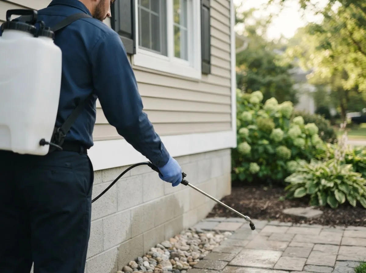 Pest control technician inspecting a home in Sandy Lake, PA